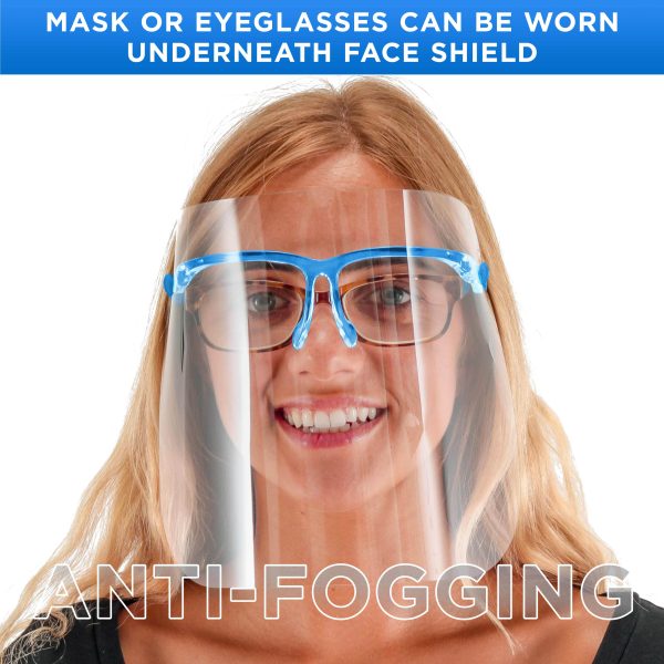 Safety Face Shields with Blue Glasses Frames (Pack of 25) - Ultra Clear Protective Full Face Shields to Protect Eyes Nose Mouth - Anti-Fog PET Plastic For Sale - Image 4