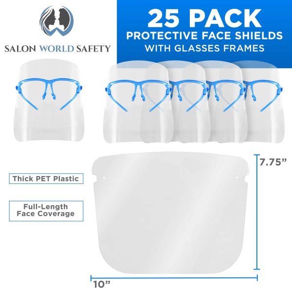 Safety Face Shields with Blue Glasses Frames (Pack of 25) - Ultra Clear Protective Full Face Shields to Protect Eyes Nose Mouth - Anti-Fog PET Plastic For Sale - Image 2