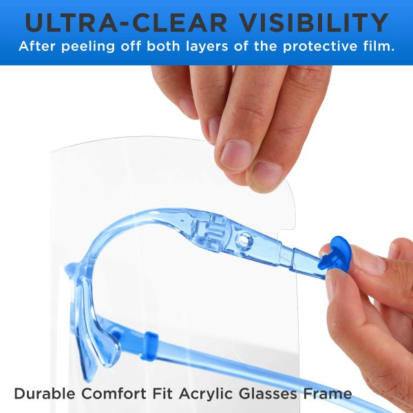Safety Face Shields with Blue Glasses Frames (Pack of 25) - Ultra Clear Protective Full Face Shields to Protect Eyes Nose Mouth - Anti-Fog PET Plastic For Sale - Image 5