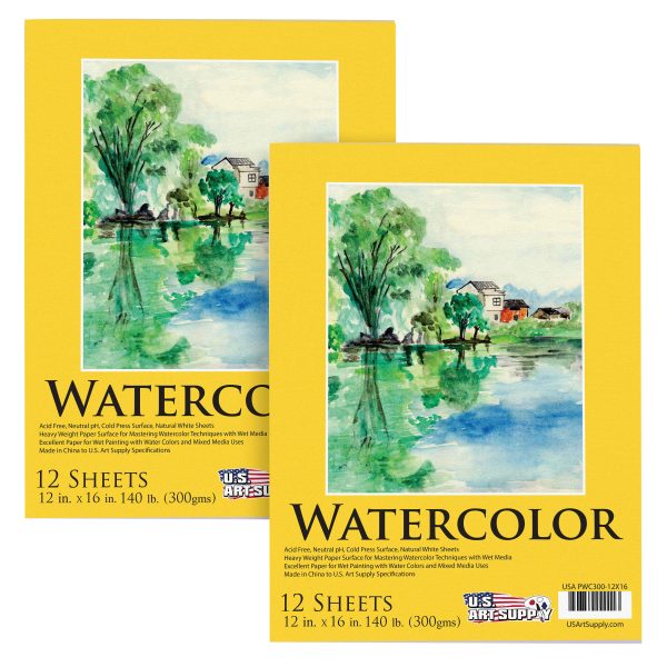 U.S. Art Supply 12  x 16  Heavyweight Watercolor Painting Paper Pad, Pack of 2, 12 Sheets Each, 140lb 300gsm, Cold Pressed Acid-Free, Wet Mixed Media For Discount