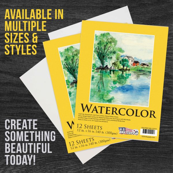 U.S. Art Supply 12  x 16  Heavyweight Watercolor Painting Paper Pad, Pack of 2, 12 Sheets Each, 140lb 300gsm, Cold Pressed Acid-Free, Wet Mixed Media For Discount - Image 5